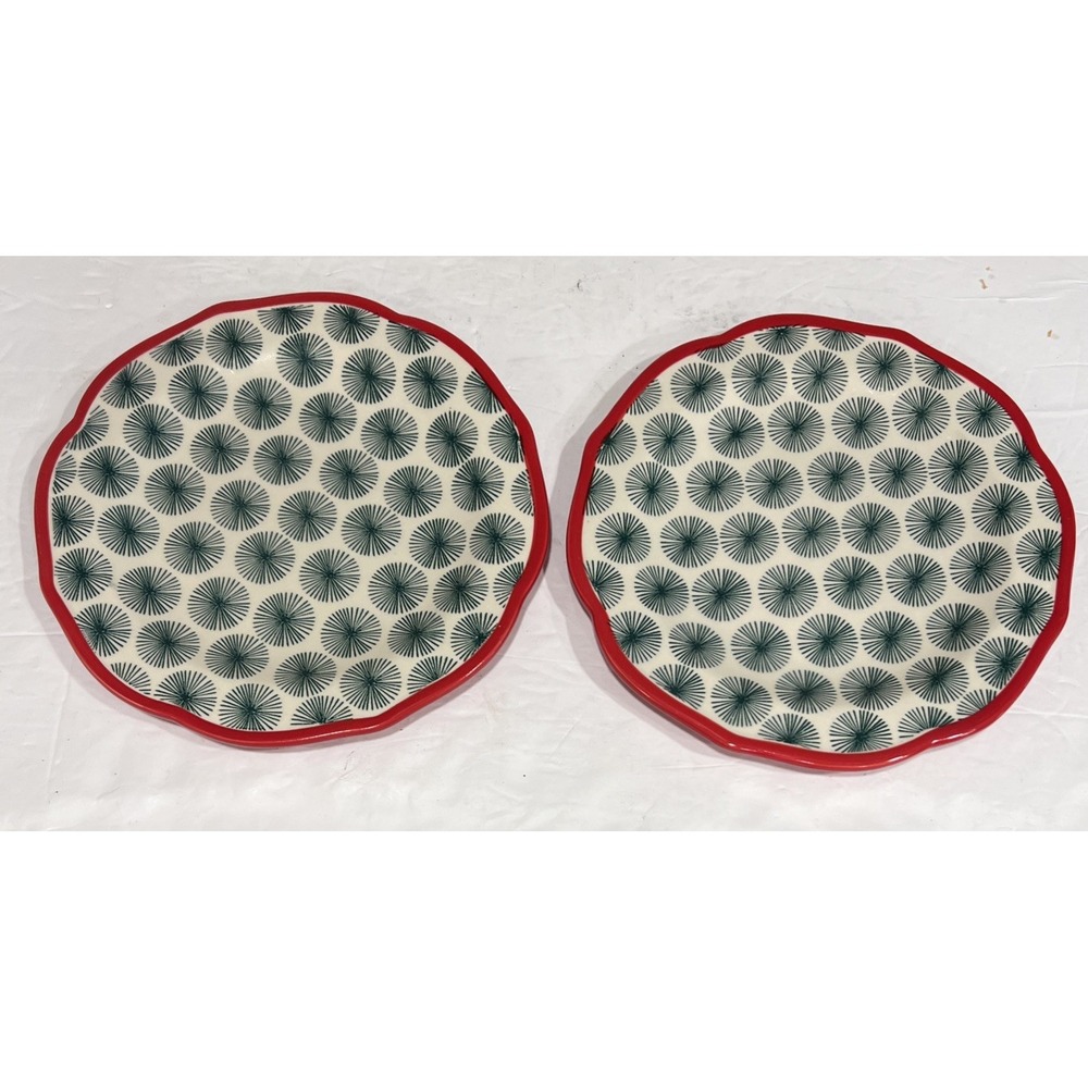 Set Of 2 Pioneer Woman Happiness 8.5" Green Salad Plates Red Scalloped Rim
